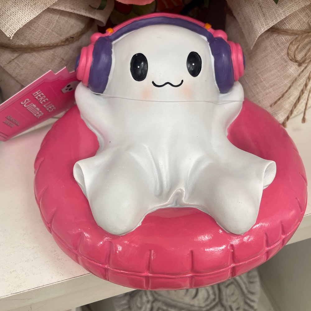 Summerween Halloween Ghost on Pool Float Headphones Resin Figure NWT